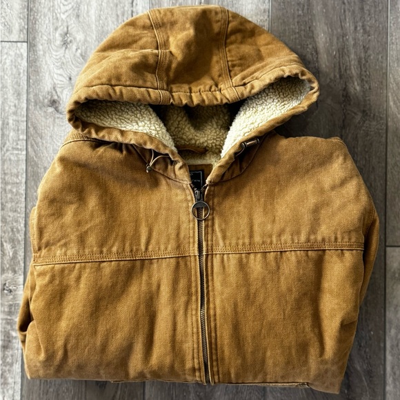 GH Bass & Co Jacket Mens LRG Sherpa Lined Brown Duck Canvas Hooded Coat Workwear - Picture 13 of 15